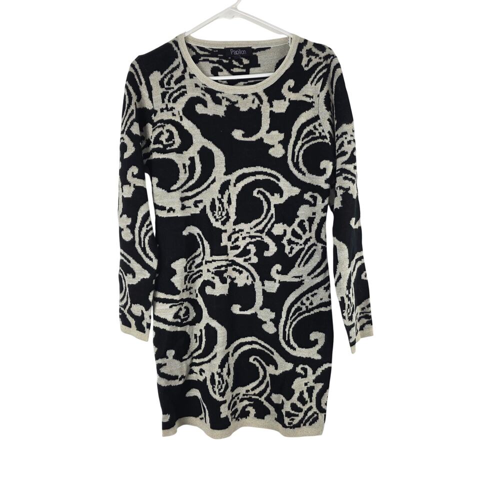 Papillon Art To Wear Sweater Dress‎ L Womens Black Gold Shimmer Sparkle Midi